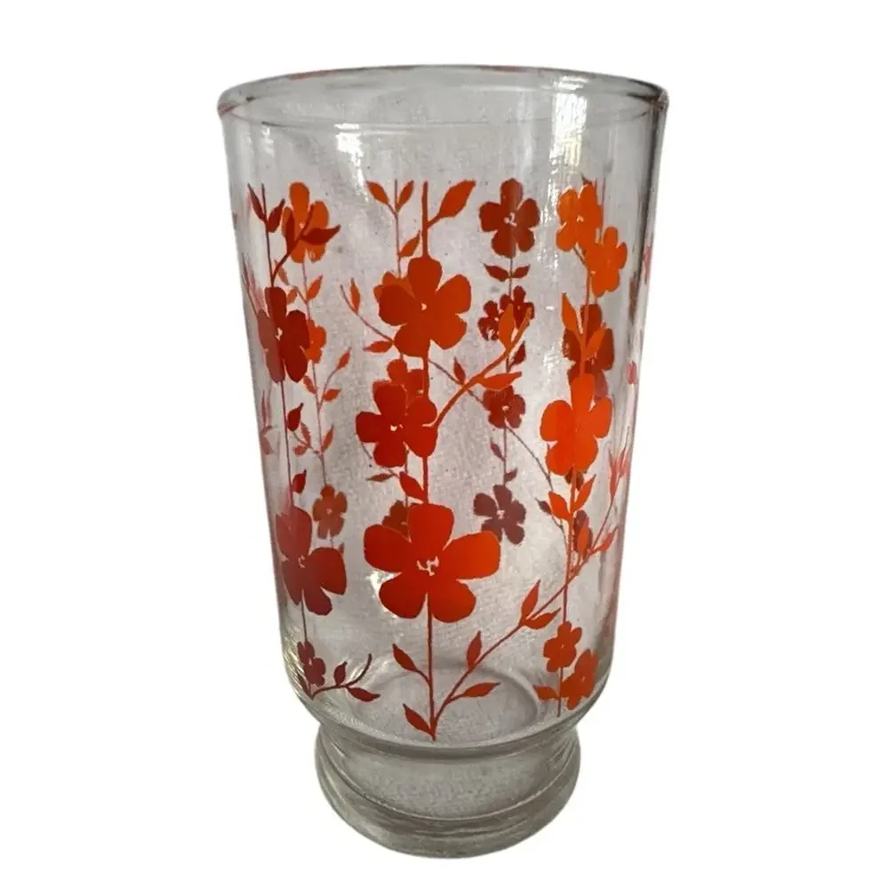 VTG‎ Libby (?) Orange Flower Floral Drinking Glasses (2) Tumbler MCM Cottagecore